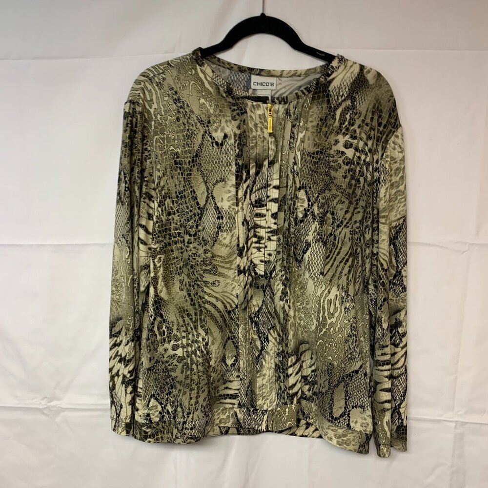Chicos Blazer Multi Animal Print Metallic Green Bomber Zip Up Womens SZ 2(12-14)